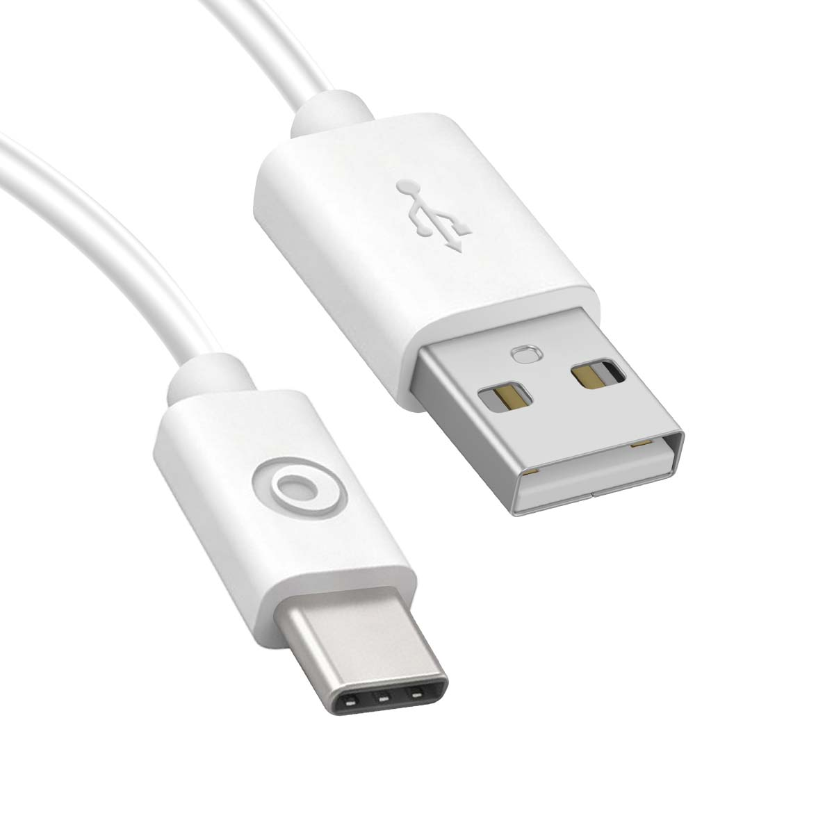 Un câble de charge blanc avec un connecteur USB-A et un connecteur USB-C sur fond blanc.