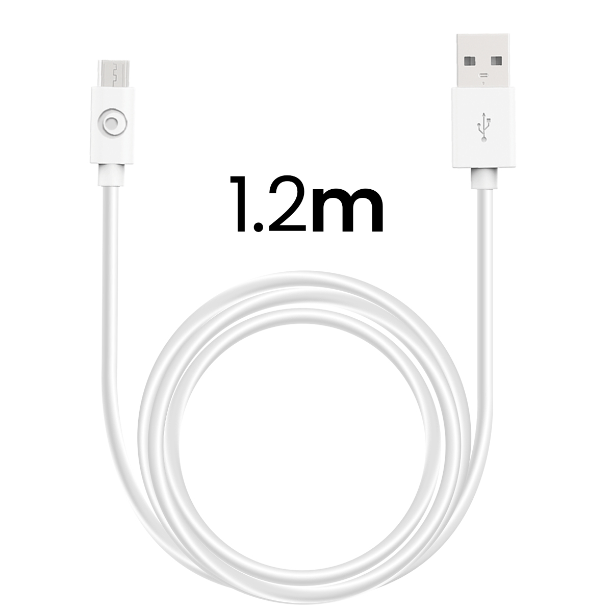 Un câble de charge USB blanc enroulé de 1,2 m avec un connecteur USB-A standard et un connecteur micro-USB.