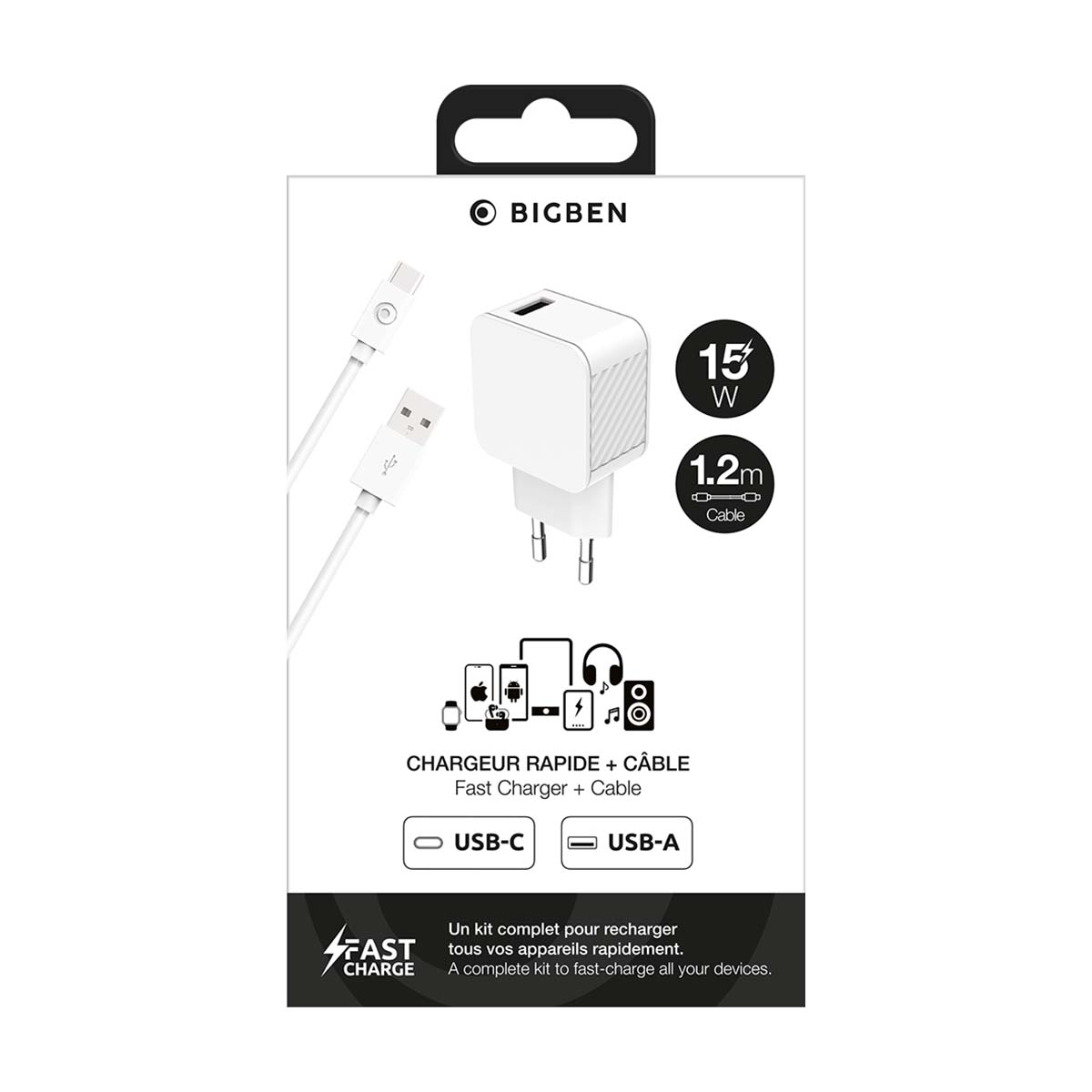 Chargeur rapide Bigben 15W et câble USB 1,2m dans un emballage blanc.