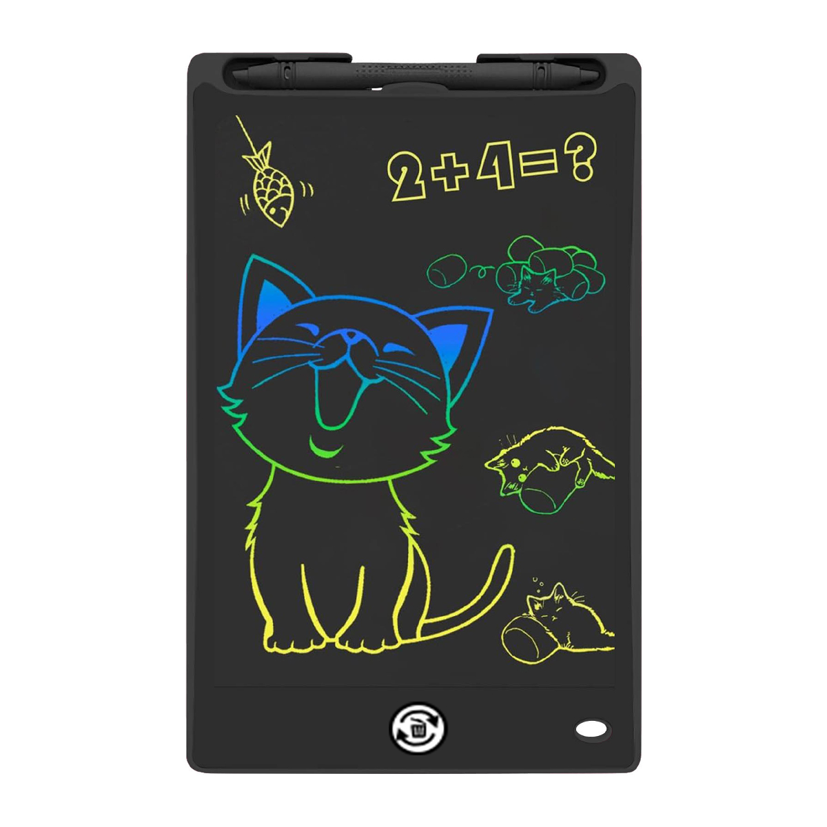Schwarzes LCD-Schreibtablett mit bunten Katzendoodles, einer mathematischen Gleichung und einem Stift oben.