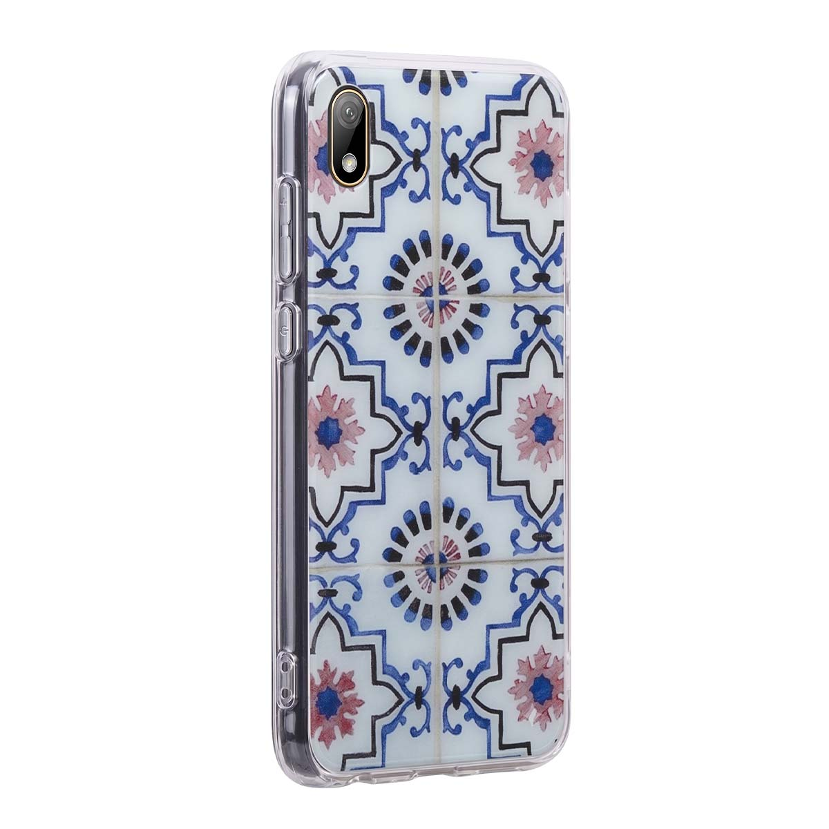 Custodia trasparente per telefono con motivo a piastrelle blu, bianche e rosa.