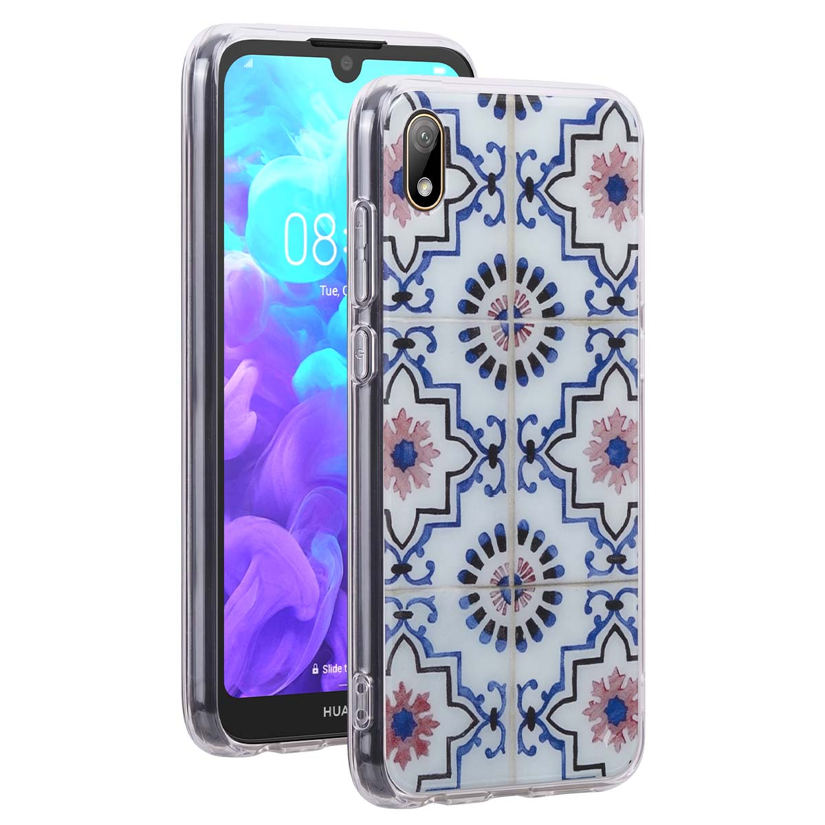 Custodia per smartphone con motivo a piastrelle vintage blu, bianco e rosa.