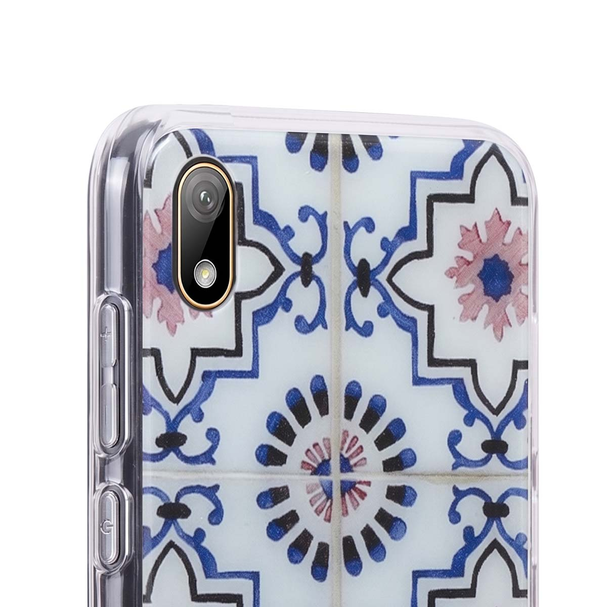 Primo piano di una cover per telefono con motivo a piastrelle blu, bianche e rosa.