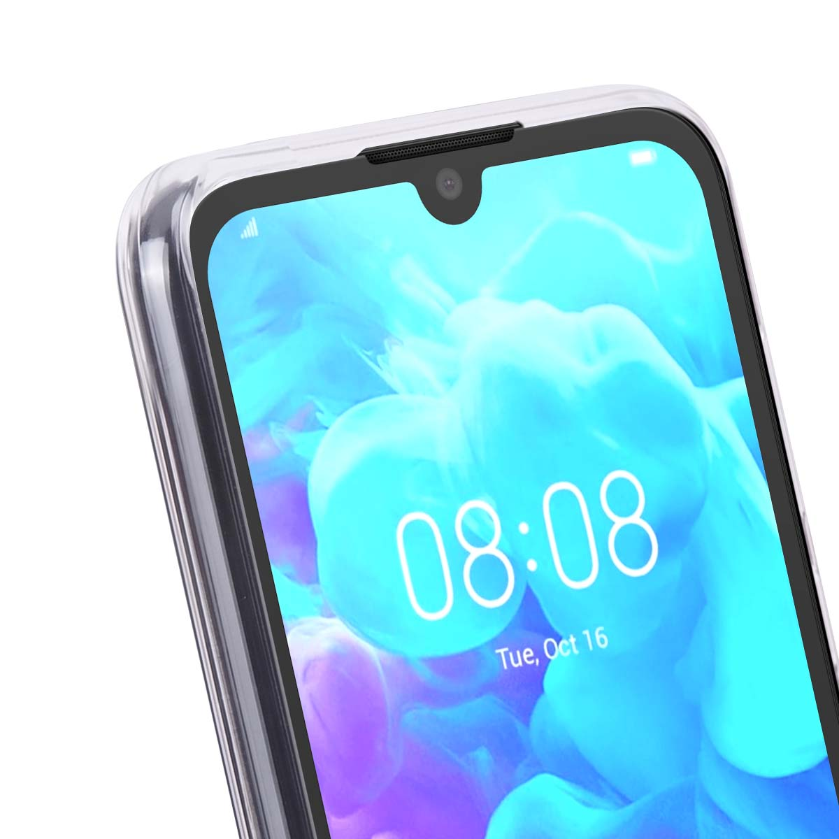 Primo piano di uno smartphone con cover trasparente, notch a goccia e sfondo astratto blu.