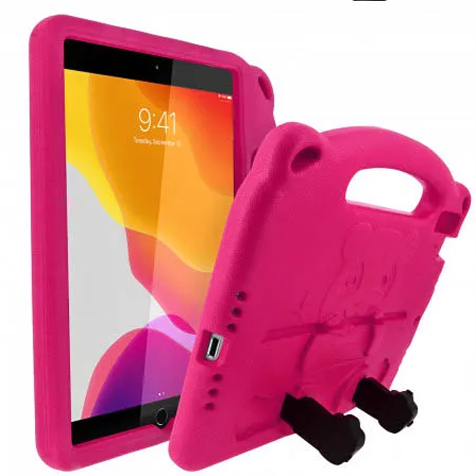 Una custodia rosa per tablet con maniglia e display colorato su sfondo bianco.