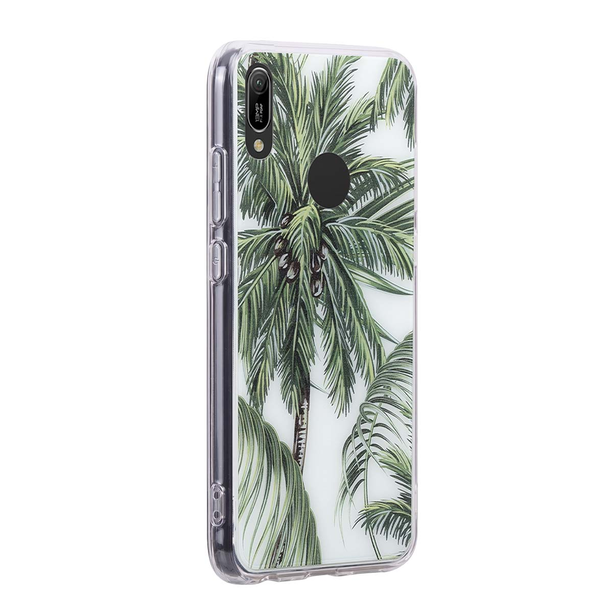 Custodia per telefono trasparente con motivo di palma verde sul retro.