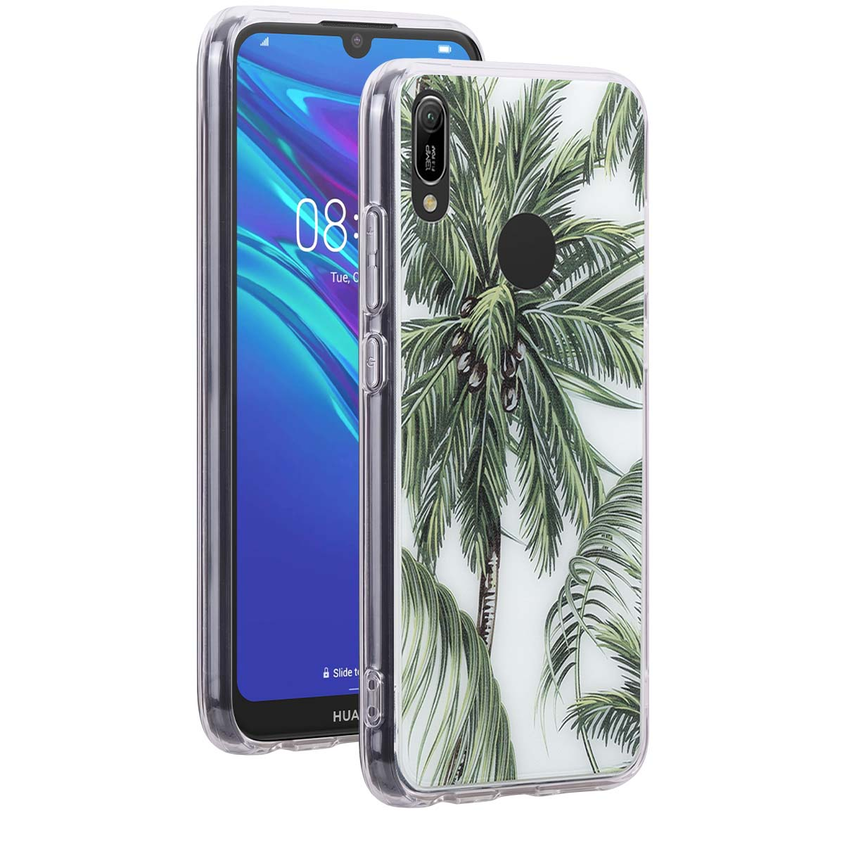 Cover per telefono in silicone trasparente con disegno di palma.