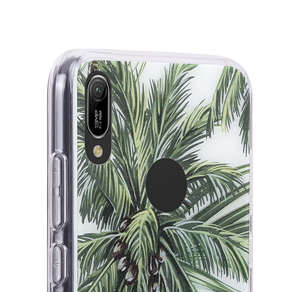Uno smartphone in una custodia trasparente presenta una fantasia di foglie di palma tropicale sul retro.