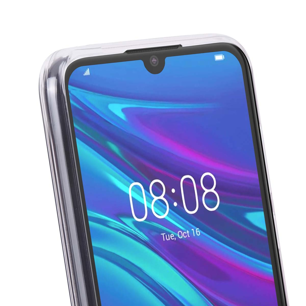 Primo piano della parte anteriore di uno smartphone con sfondo blu e viola, che mostra l'ora 08:08.