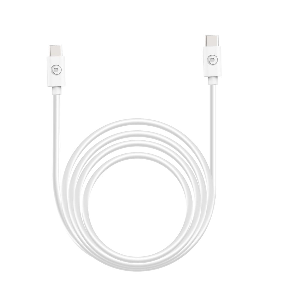 Un cavo USB-C bianco è arrotolato in cerchio, mostrando entrambi i connettori con pulsanti circolari.
