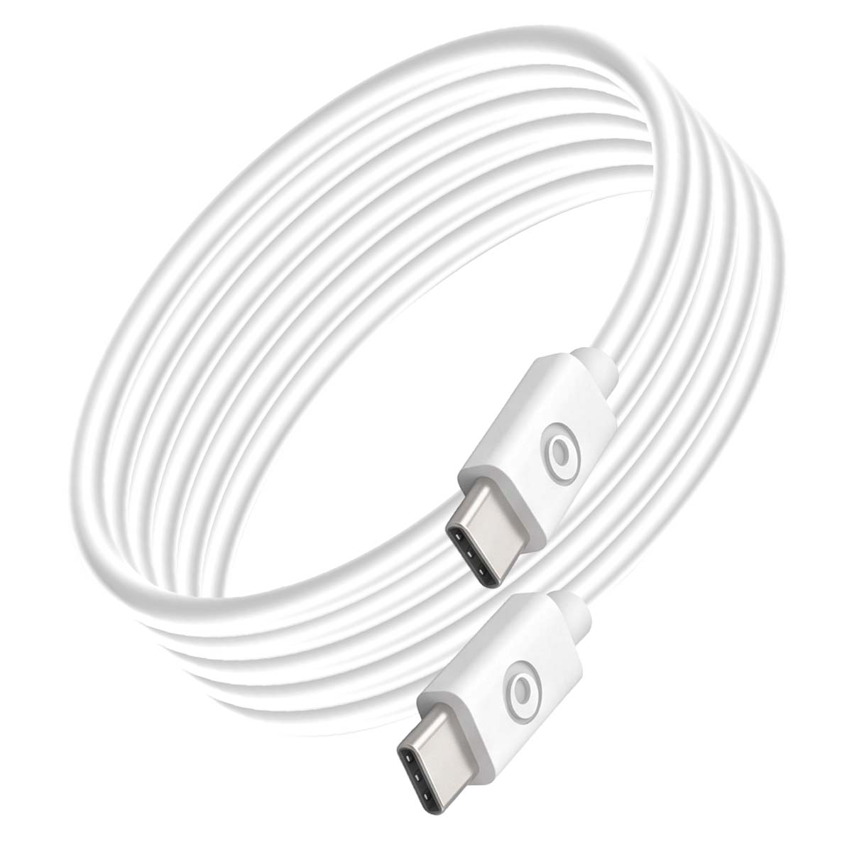 Un cavo USB-C bianco arrotolato con due connettori su sfondo bianco.