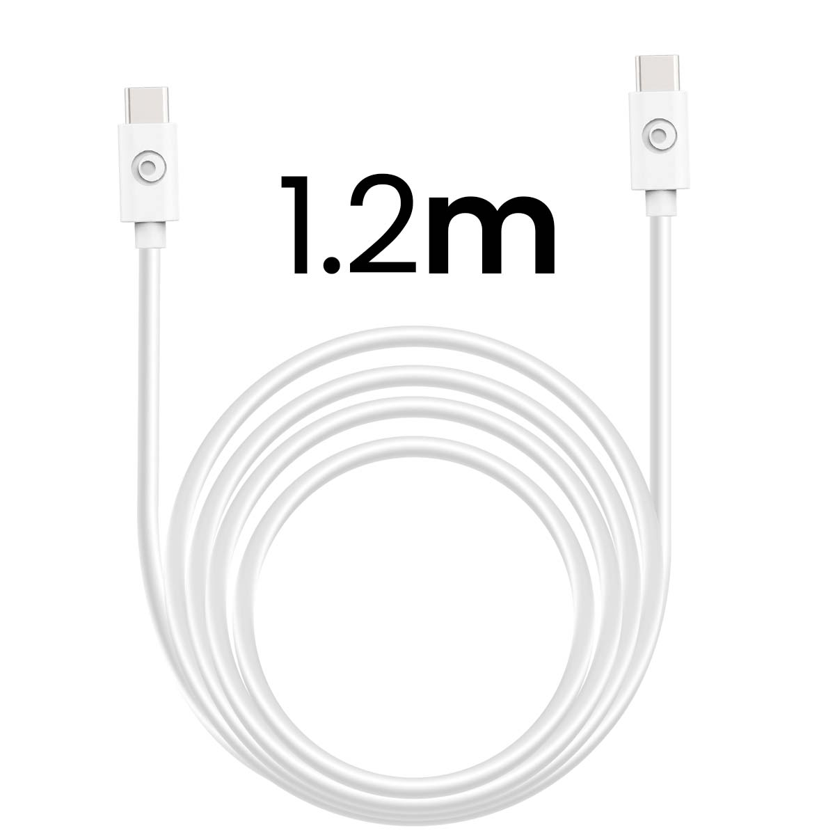 Un cavo USB-C bianco da 1,2 metri accuratamente arrotolato con connettori a entrambe le estremità.