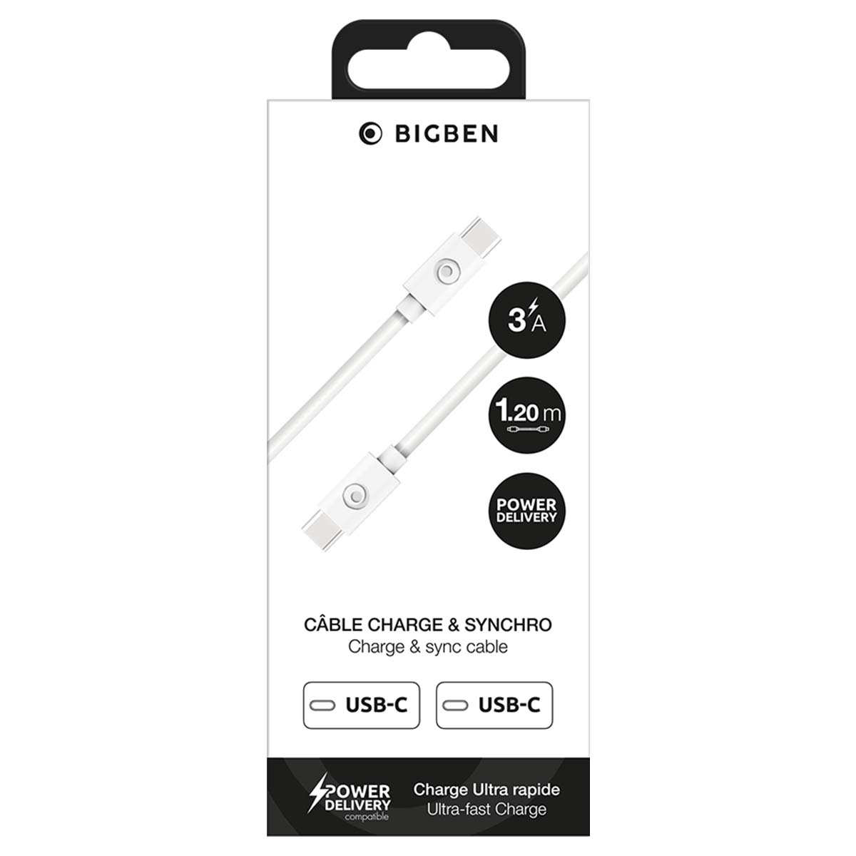 Confezione cavo di ricarica e sincronizzazione USB-C a USB-C bianco Bigben, 1,20m, 3A e Power Delivery.