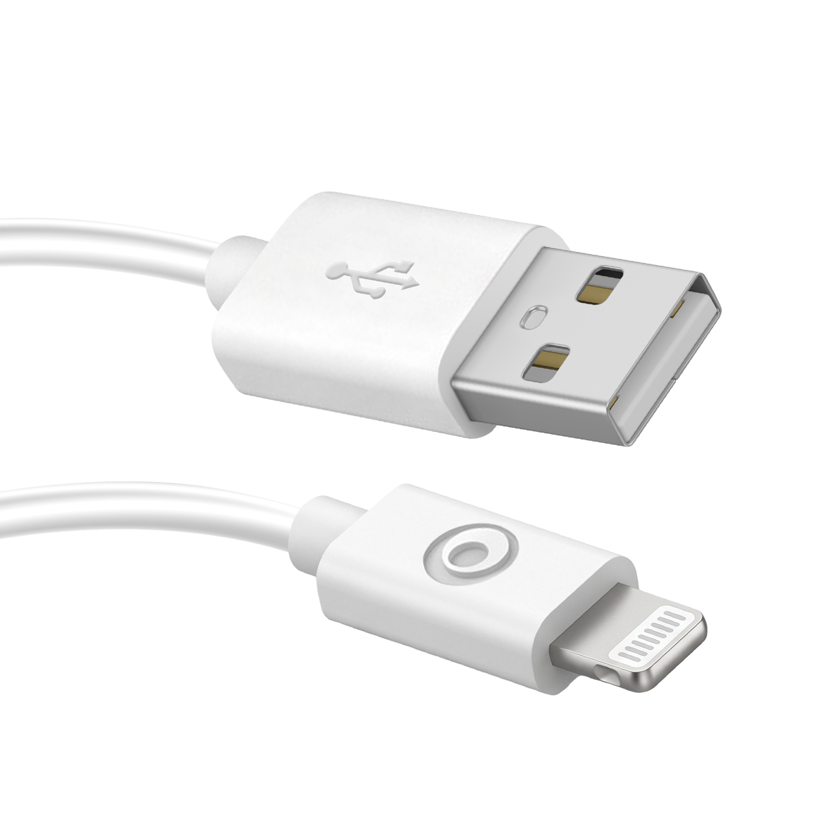 Un cable USB blanco con un conector USB-A estándar arriba y un conector de botón redondo abajo sobre fondo blanco.