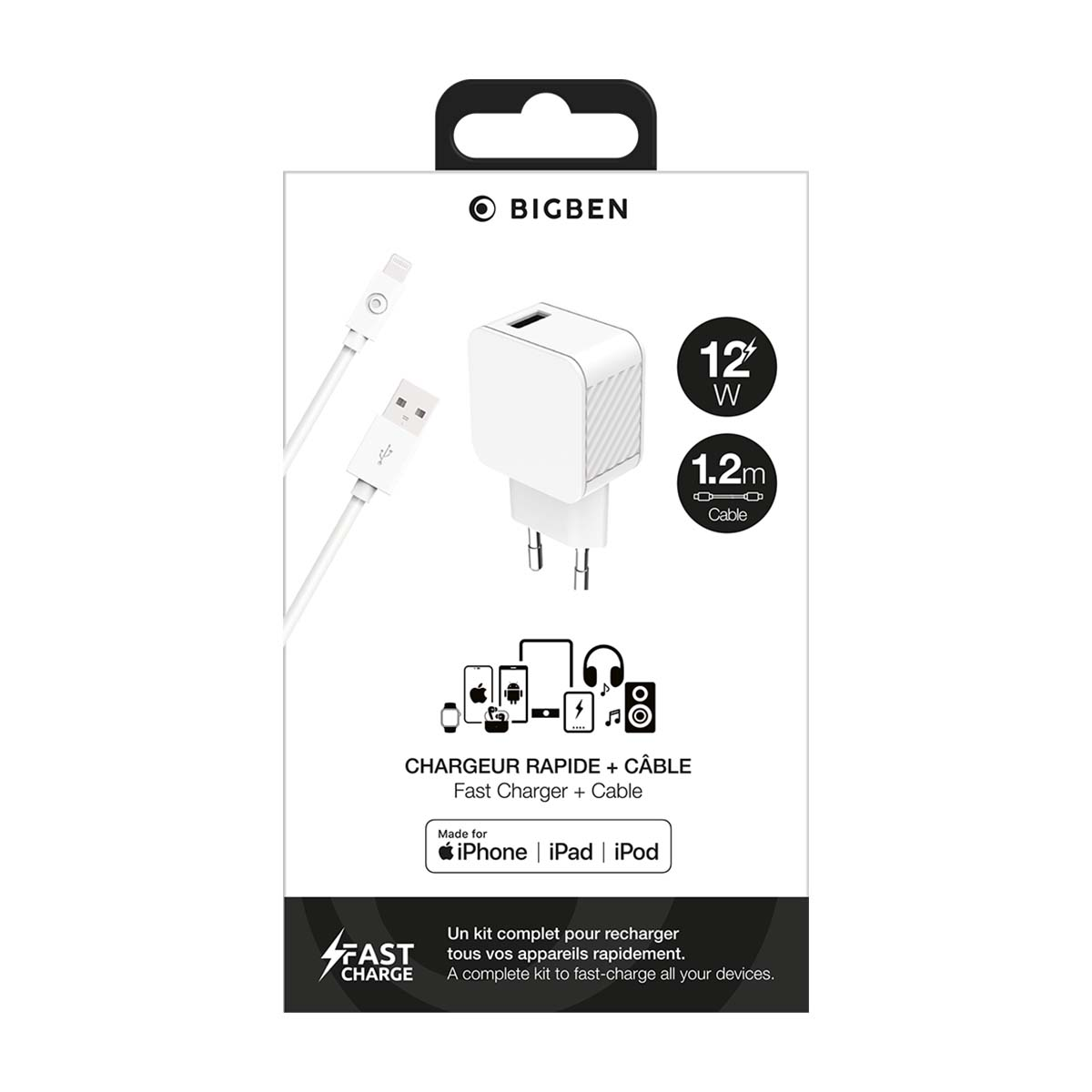 Empaque blanco de un cargador rápido Bigben con 12W y cable de 1.2m.