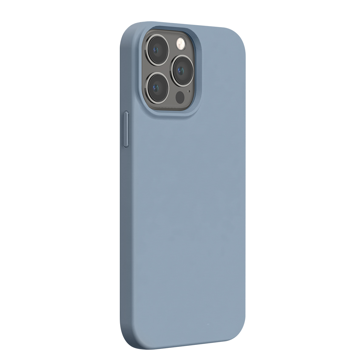 Una cover per telefono in silicone blu polveroso opaco con tre fotocamere.