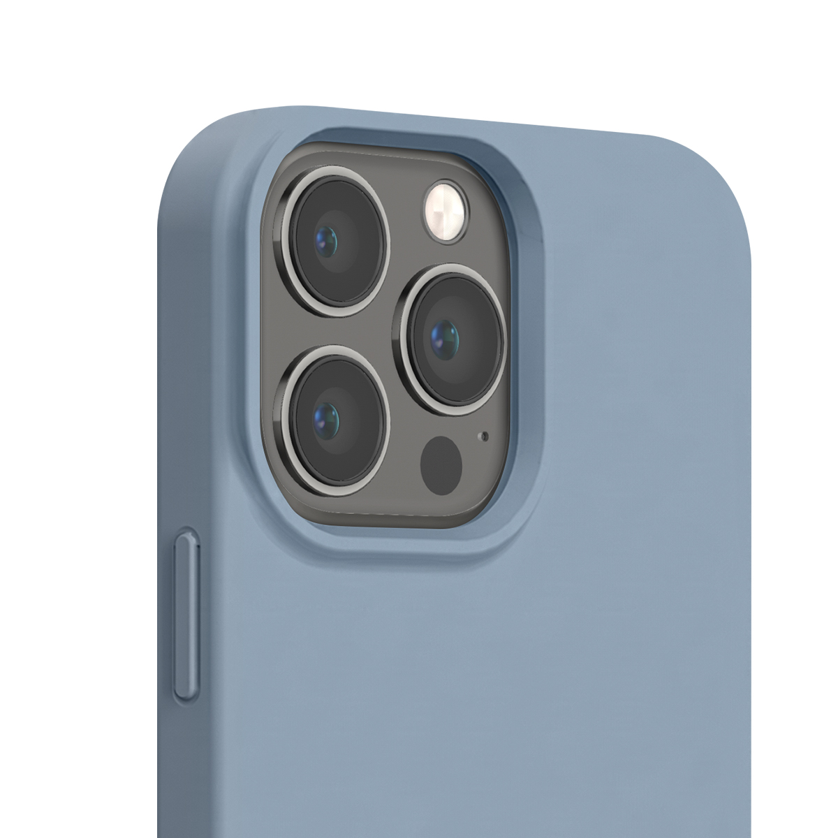 Custodia per smartphone blu con modulo fotocamera a tripla lente sul retro.