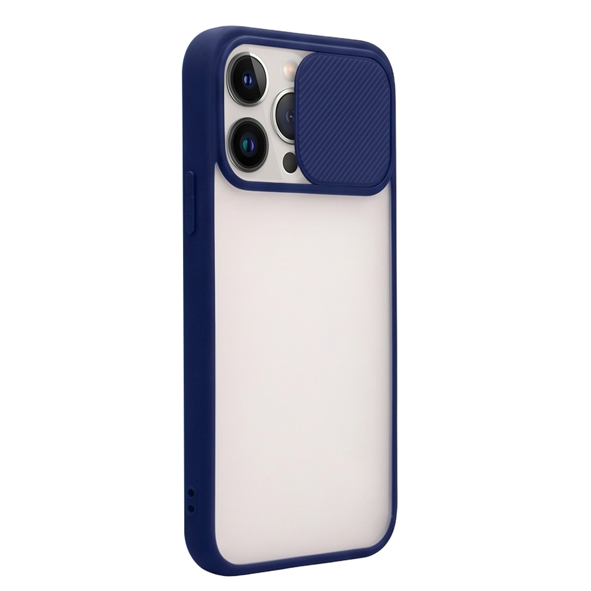 Ein Smartphone in einer blauen Schutzhülle mit matter Rückseite und Schiebeabdeckung für die Kameralinsen.