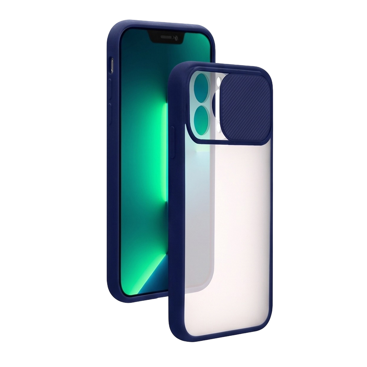 Ein Smartphone in einer blauen Schutzhülle mit Schiebe-Kameraabdeckung neben einer leeren blauen Hülle.