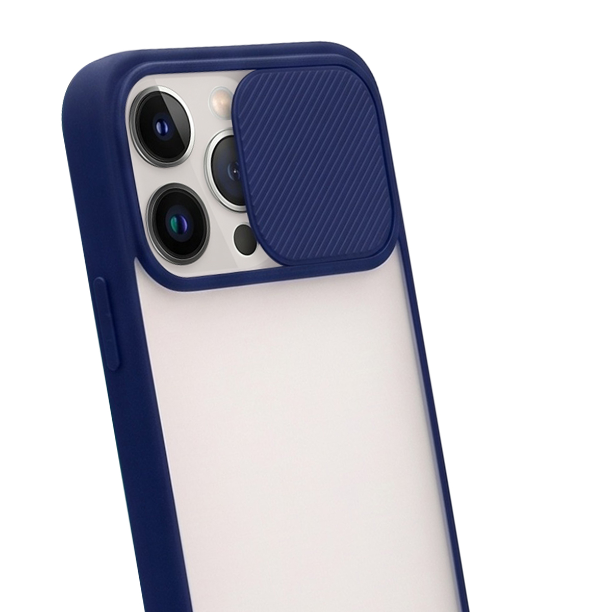 Ein Smartphone in einer dunkelblauen Schutzhülle mit einer verschiebbaren Abdeckung für die Kamera auf der Rückseite.
