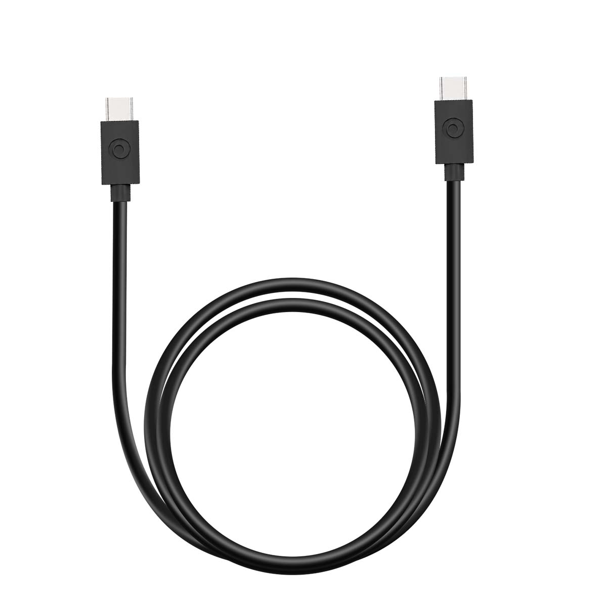 Un cavo USB-C nero con connettori metallici su sfondo bianco.