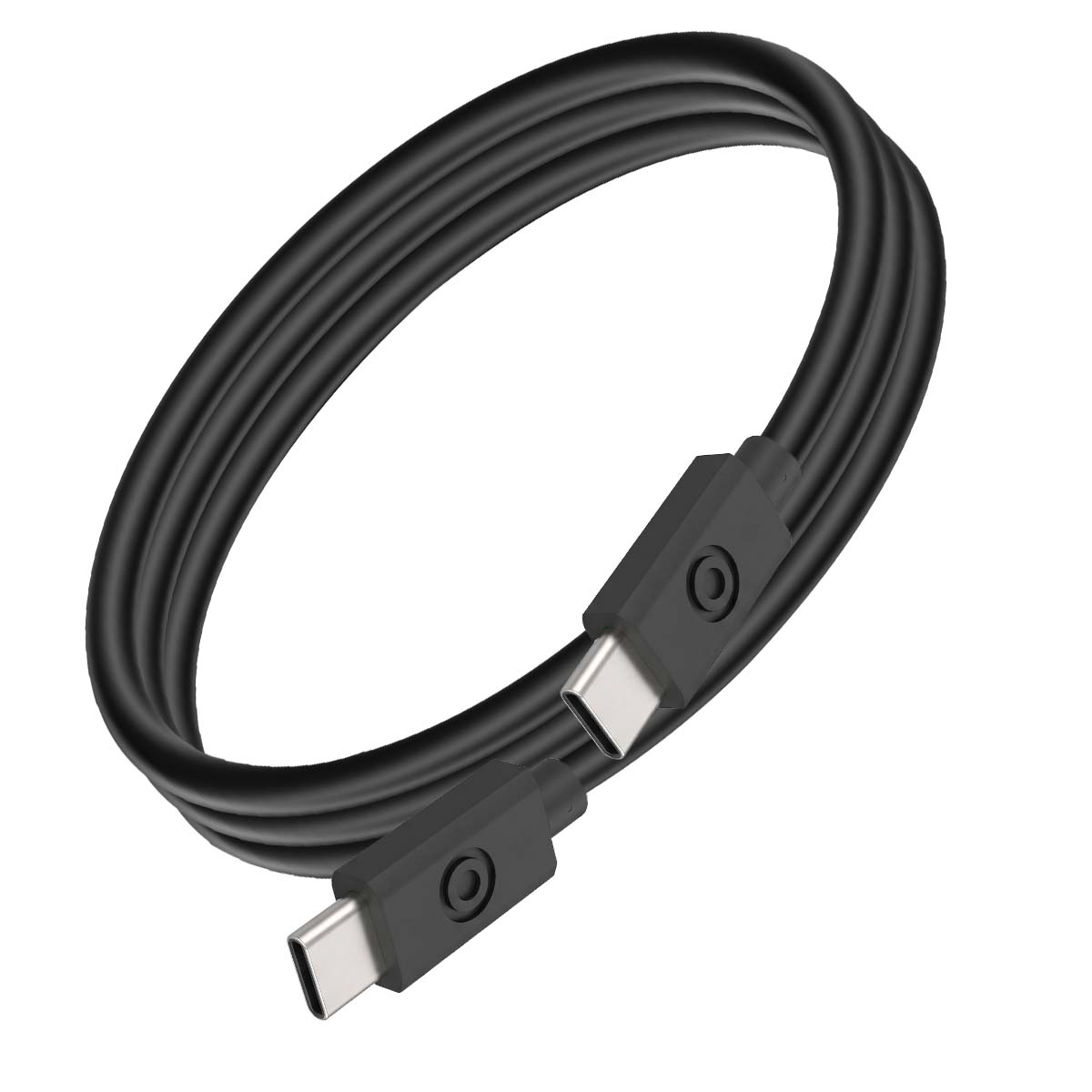 Un cavo USB-C nero arrotolato con connettori su entrambi i lati su sfondo bianco.