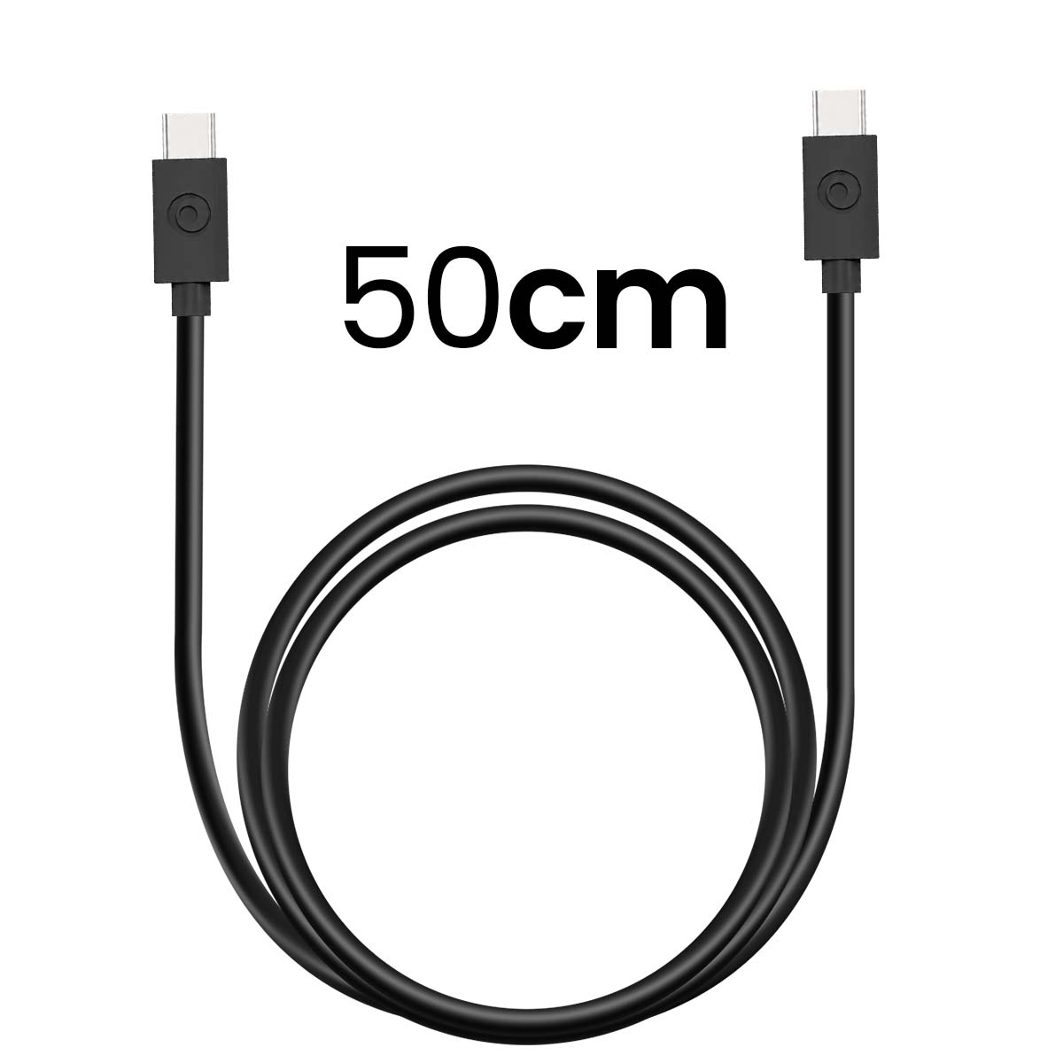 Un cavo USB-C nero da 50 cm su sfondo bianco.