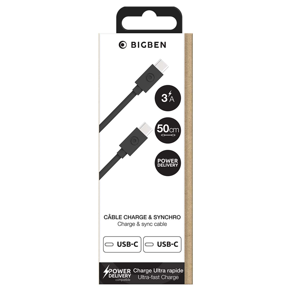 Confezione di un cavo di ricarica e sincronizzazione USB-C a USB-C Bigben, 3A e 50cm.