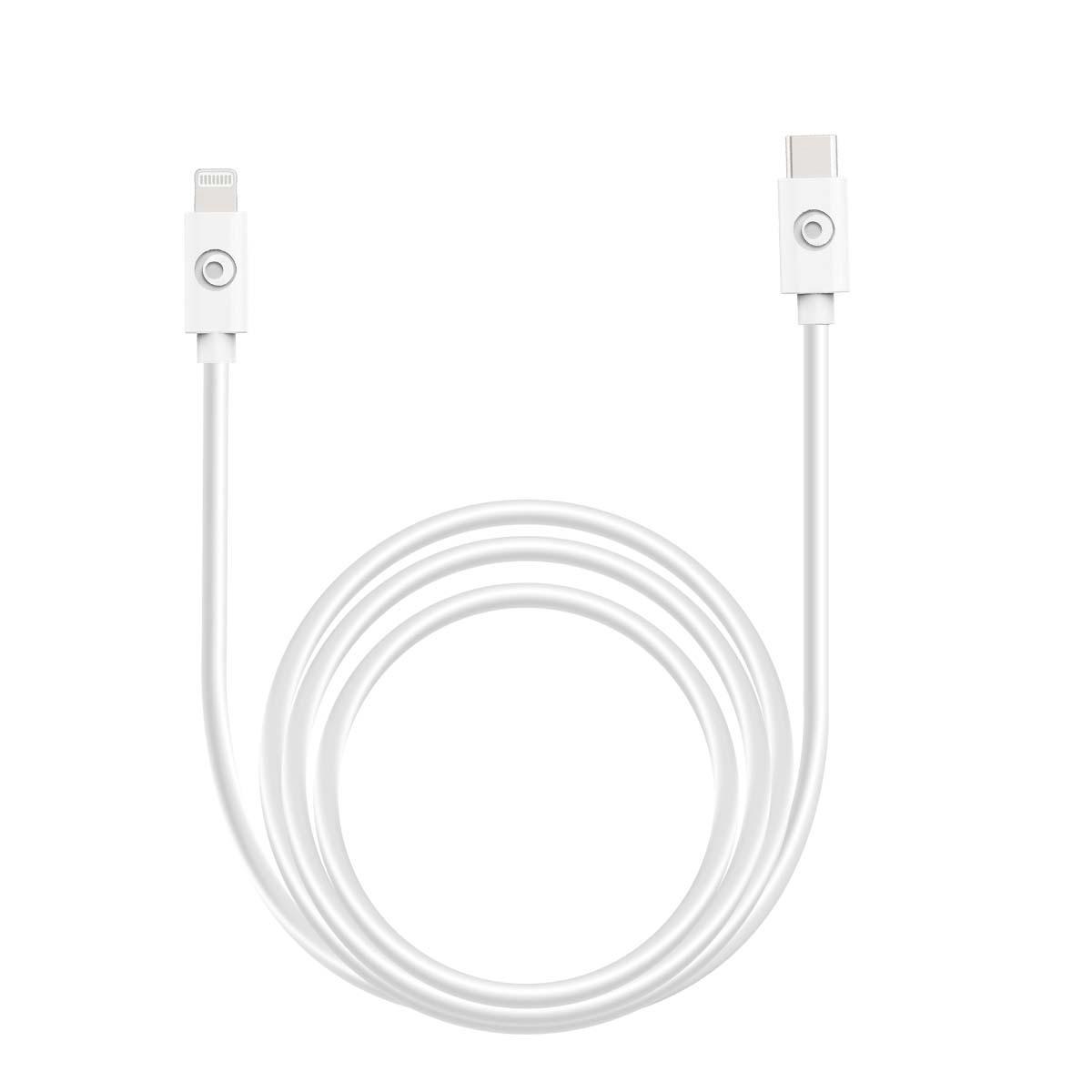 Un cavo di ricarica bianco con connettore Lightning e USB-C, arrotolato ordinatamente su uno sfondo bianco.