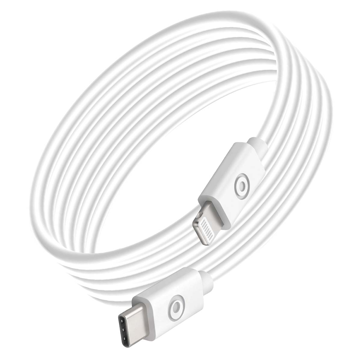 Un cavo di ricarica bianco arrotolato con un connettore USB-C e una spina Lightning su sfondo bianco.