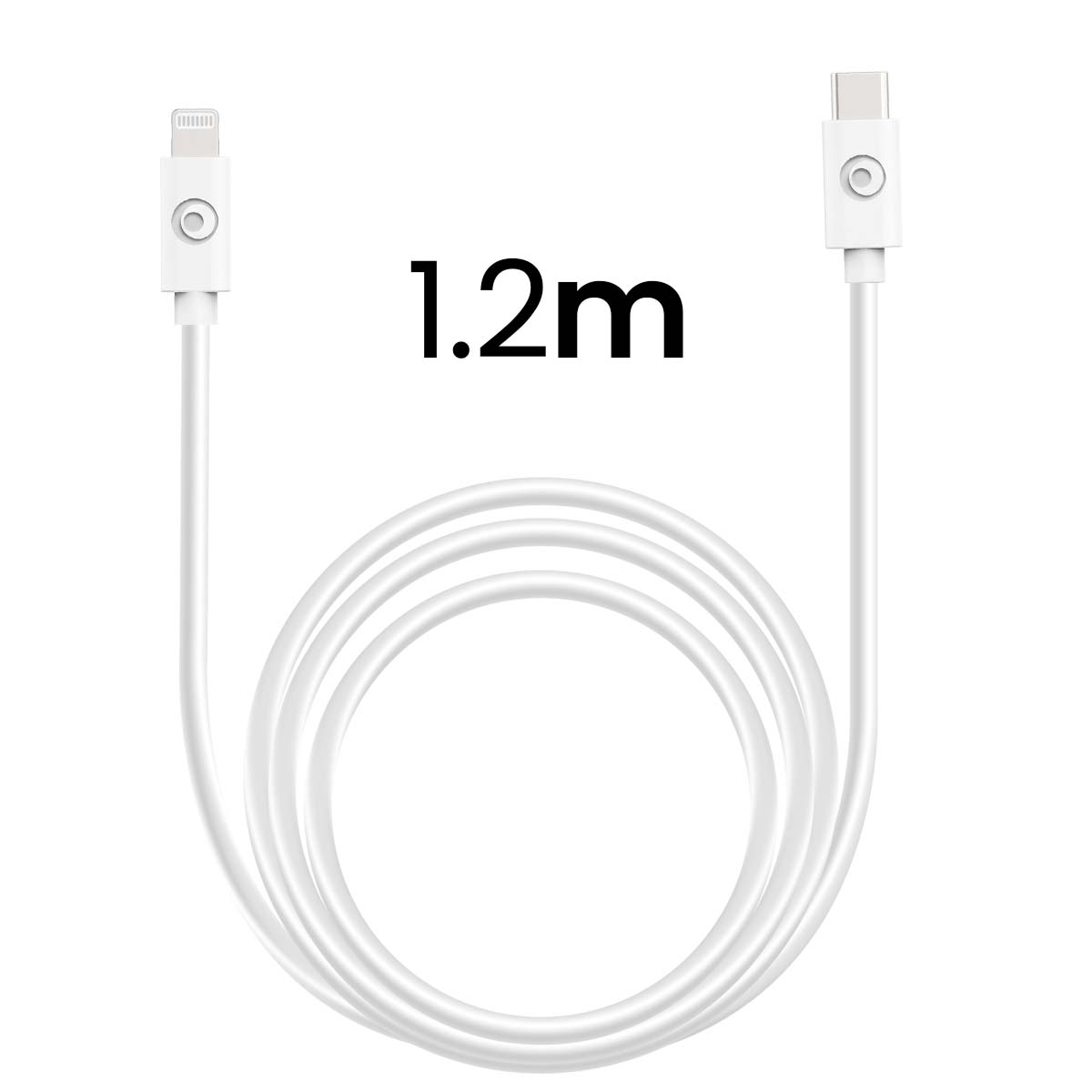 Cavo di ricarica bianco da 1,2 metri da USB-C a Lightning su sfondo bianco.