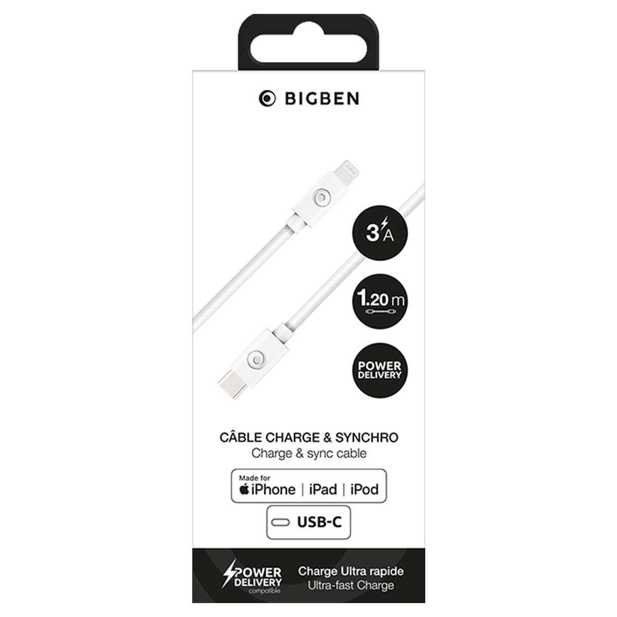 Cavo di ricarica e sincronizzazione Bigben da USB-C a Lightning in confezione bianca, 1,20m, 3A, Power Delivery.