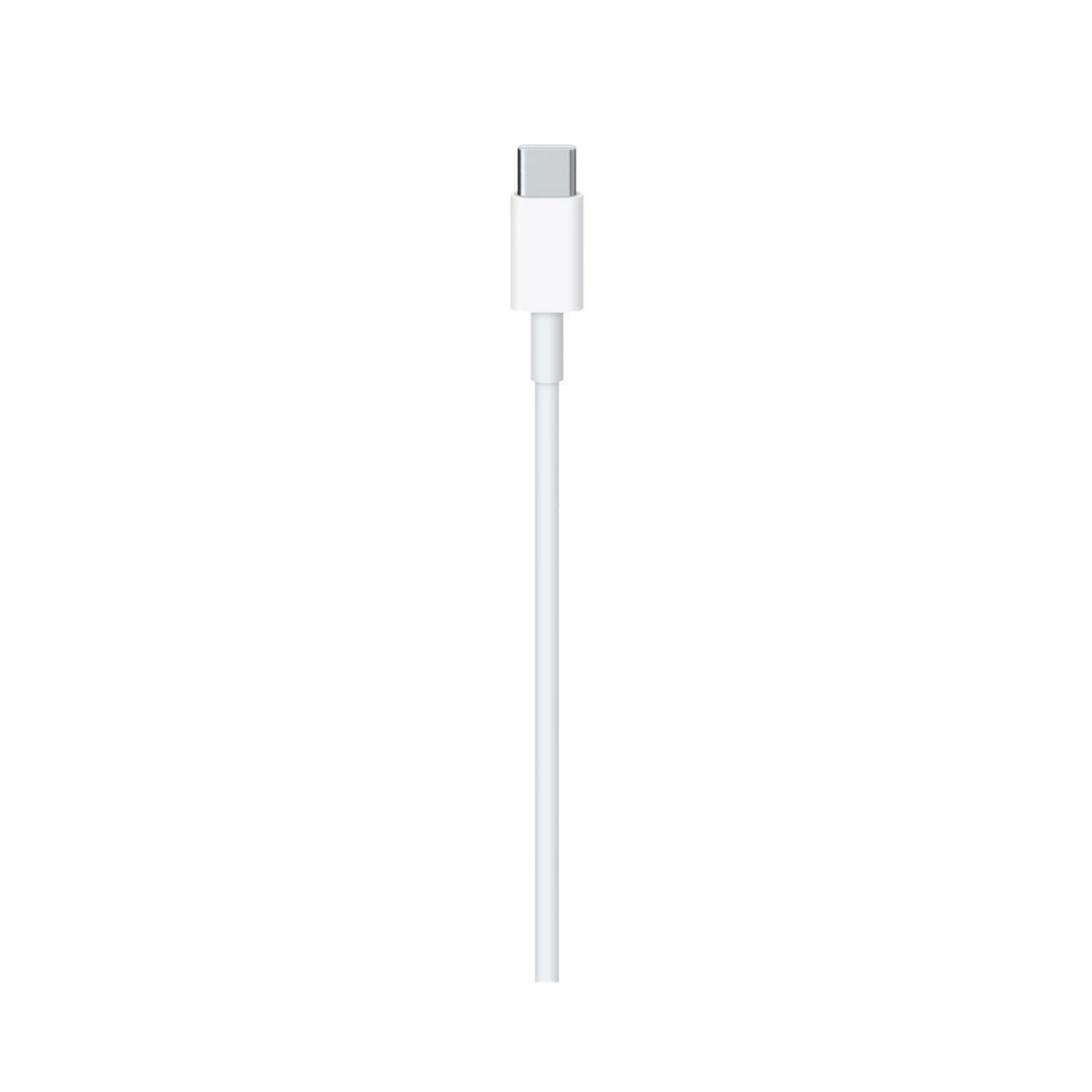 Un cavo USB-C bianco con connettore metallico su sfondo bianco.