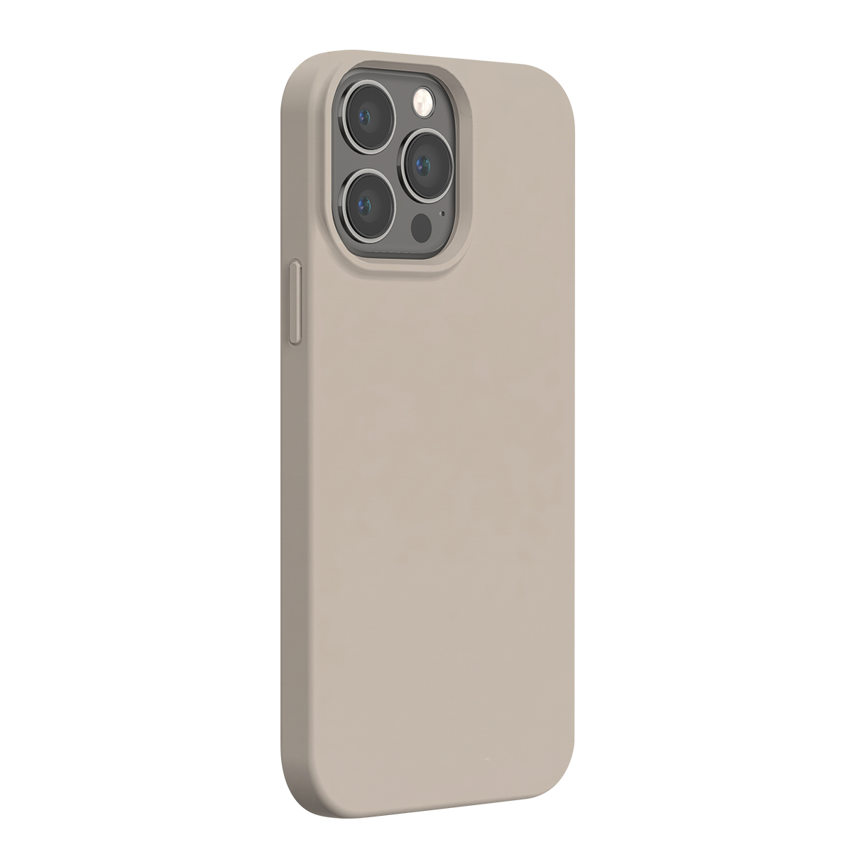 Una custodia in silicone beige su uno smartphone con tripla fotocamera.
