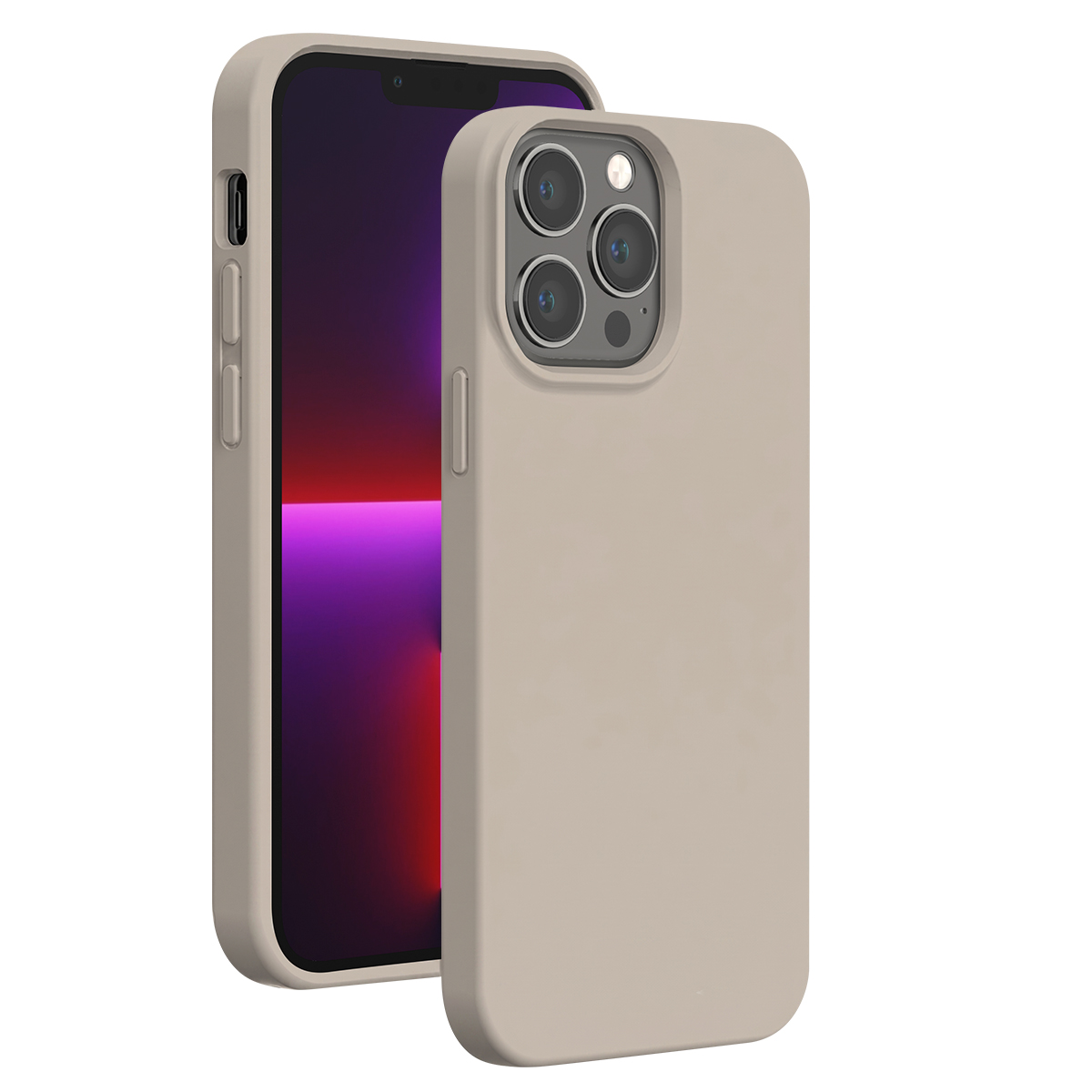 Un iPhone grigio all'interno di una custodia protettiva grigia abbinata, visto da davanti e da dietro.