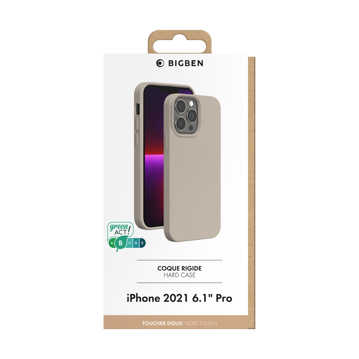 Custodia rigida Bigben per iPhone 2021 6.1" Pro, in confezione di carta ecologica.
