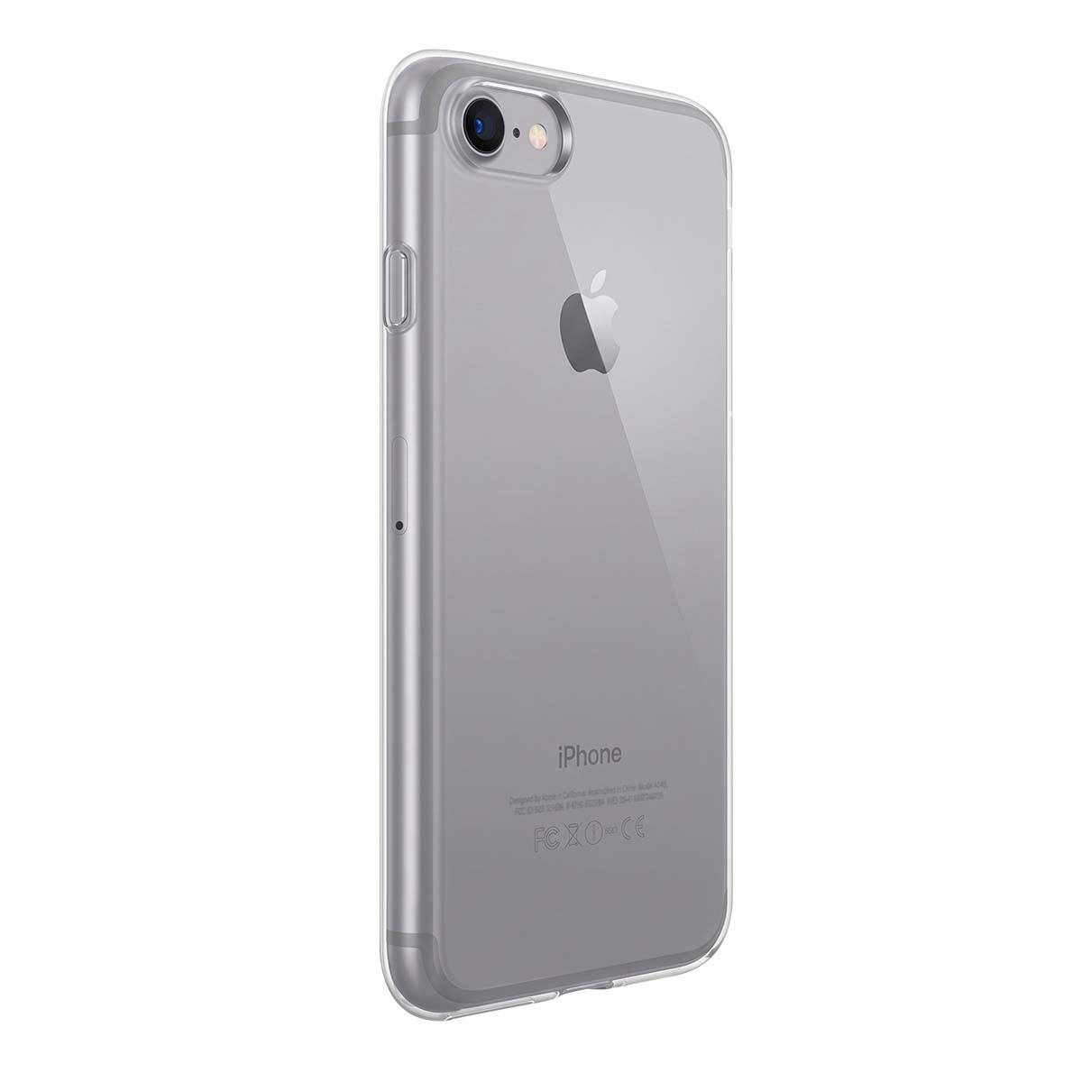 Vista trasera de un iPhone dentro de una funda protectora transparente sobre fondo blanco.