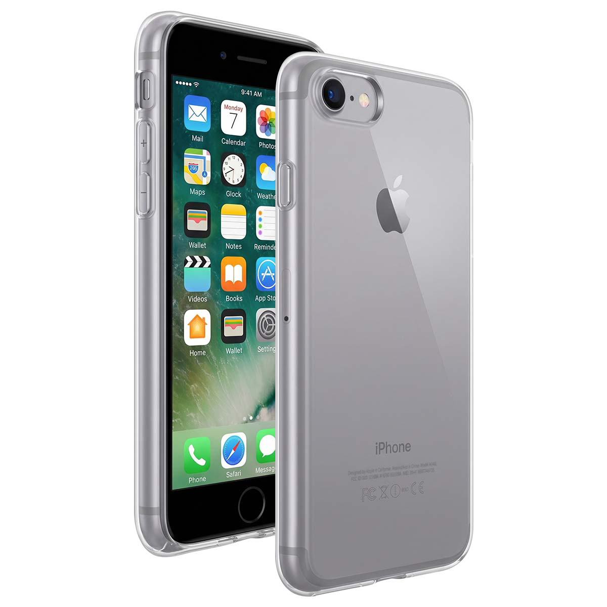 Dos vistas de un iPhone en una funda protectora transparente, mostrando la pantalla y la parte trasera.