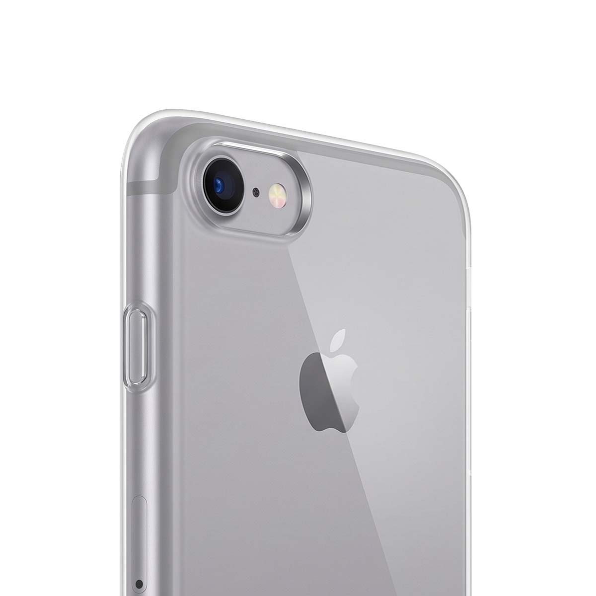Primer plano de la parte trasera de un iPhone plateado con funda protectora transparente, logotipo de Apple, lente de cámara y botones.