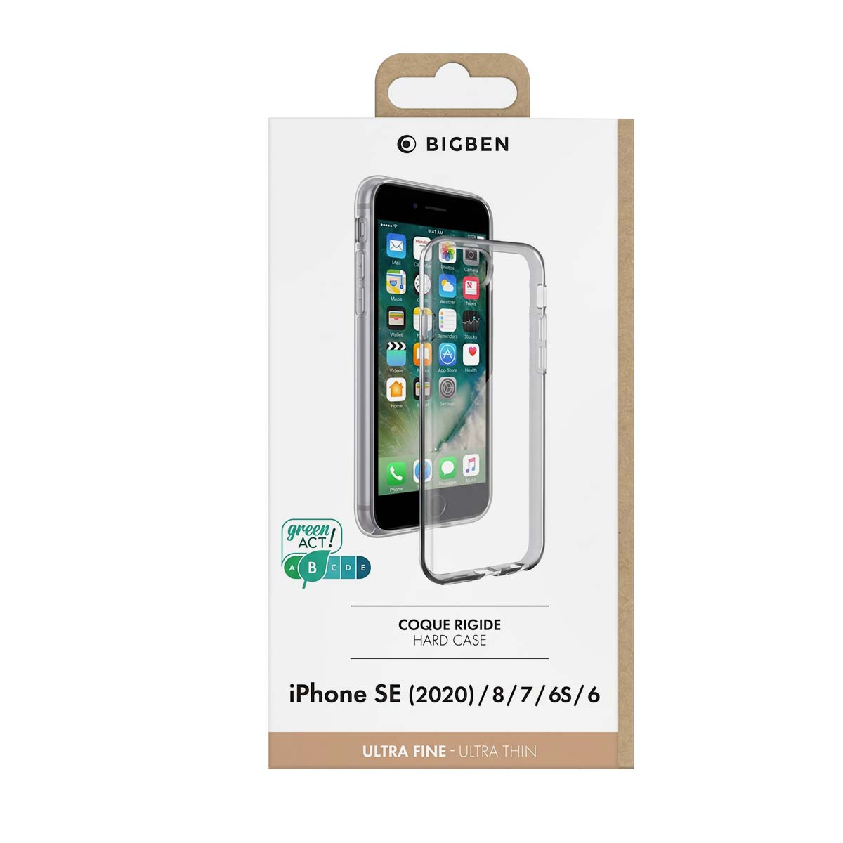 Embalaje de carcasa rígida transparente para iPhone SE, 8, 7, 6S y 6 con logotipo de Bigben.