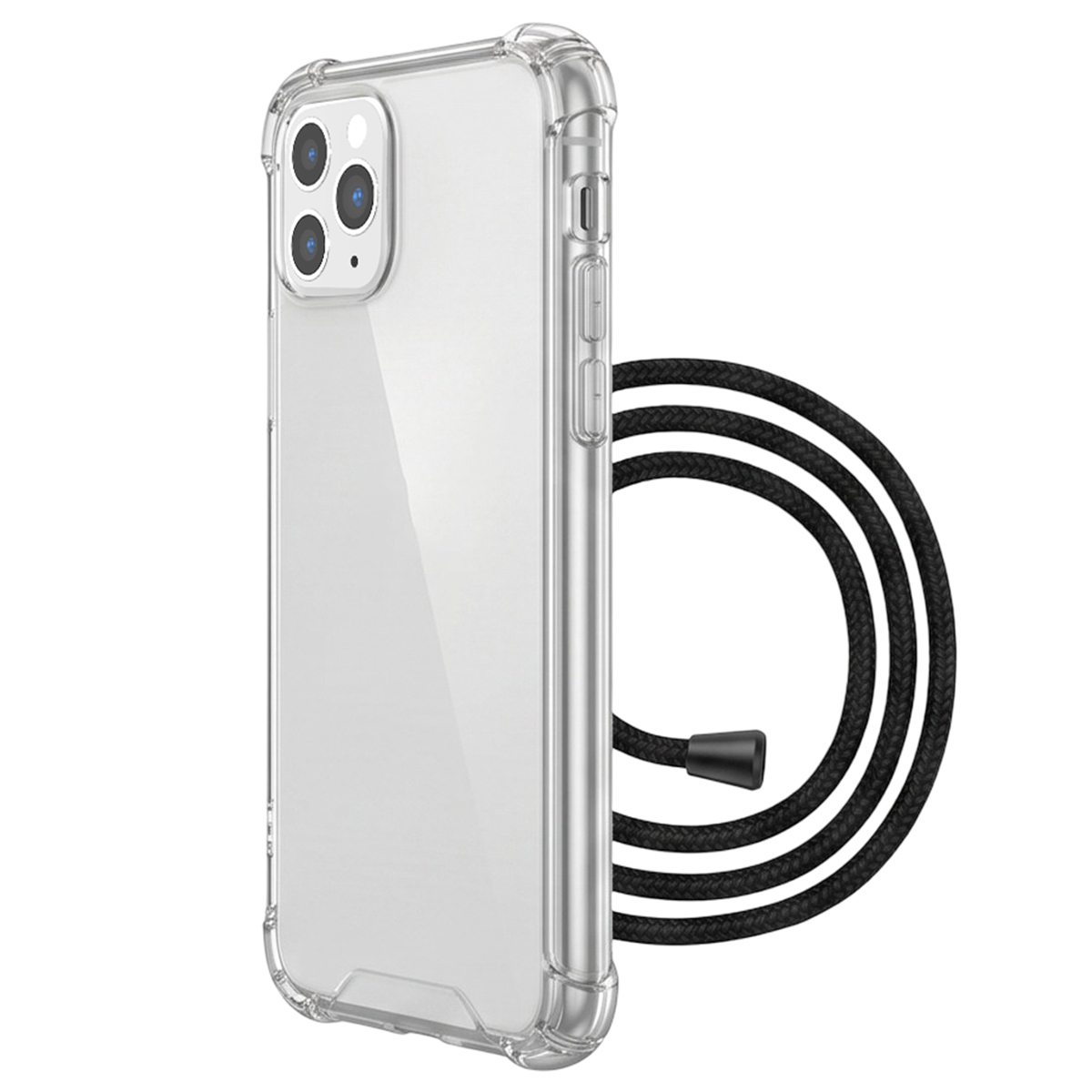 Funda transparente para teléfono con protección en las esquinas y un cordón negro adjunto sobre fondo blanco.