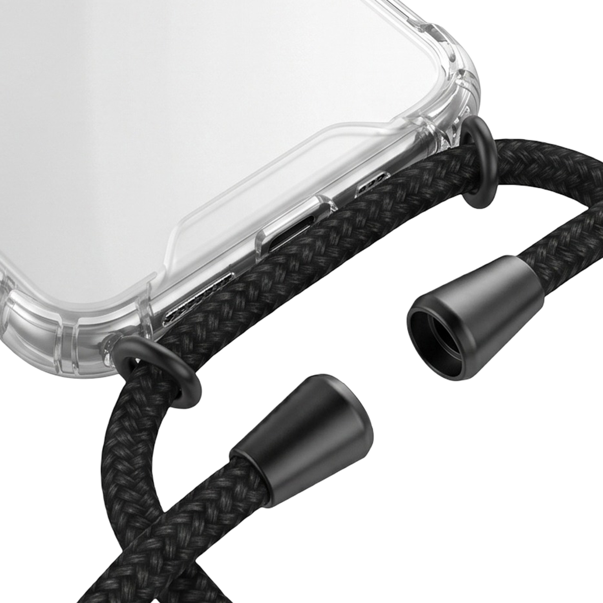 Primer plano de una funda transparente para móvil con cordón trenzado negro y conectores de metal sobre fondo blanco.