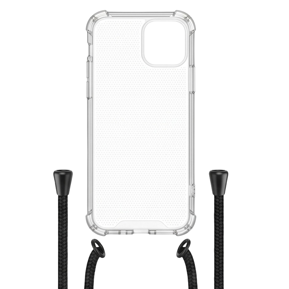Funda transparente con esquinas reforzadas y dos cordones negros con terminales abajo.