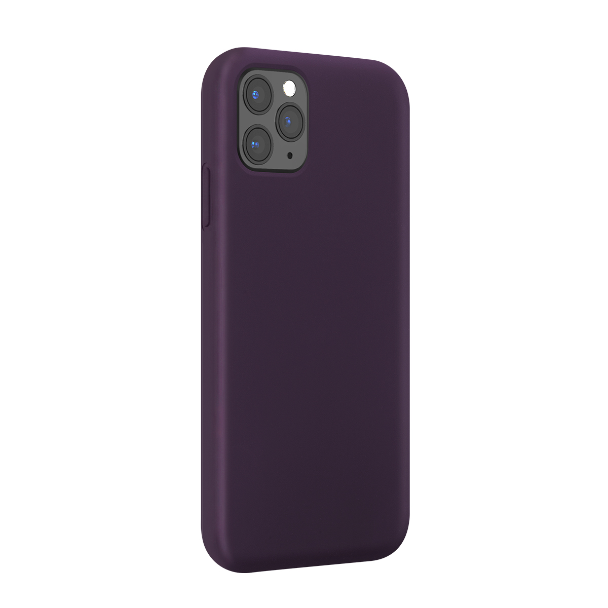 Una custodia per smartphone viola scuro con tre fotocamere sul retro.