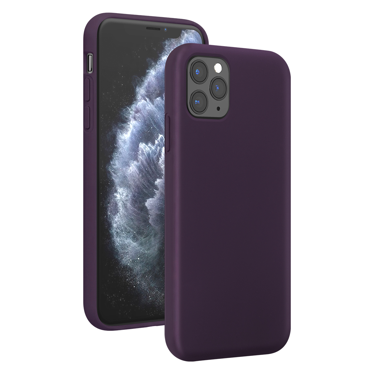 Due custodie per smartphone viola, una che mostra la parte anteriore con schermo e l'altra il retro con telecamere.