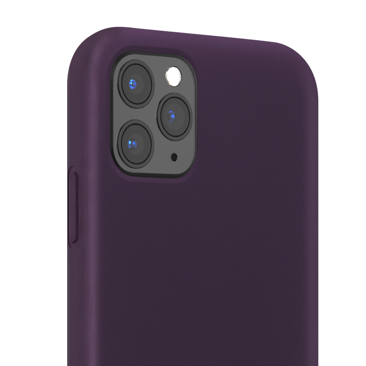 Retro di uno smartphone viola con modulo fotocamera quadrato a tre obiettivi su sfondo bianco.