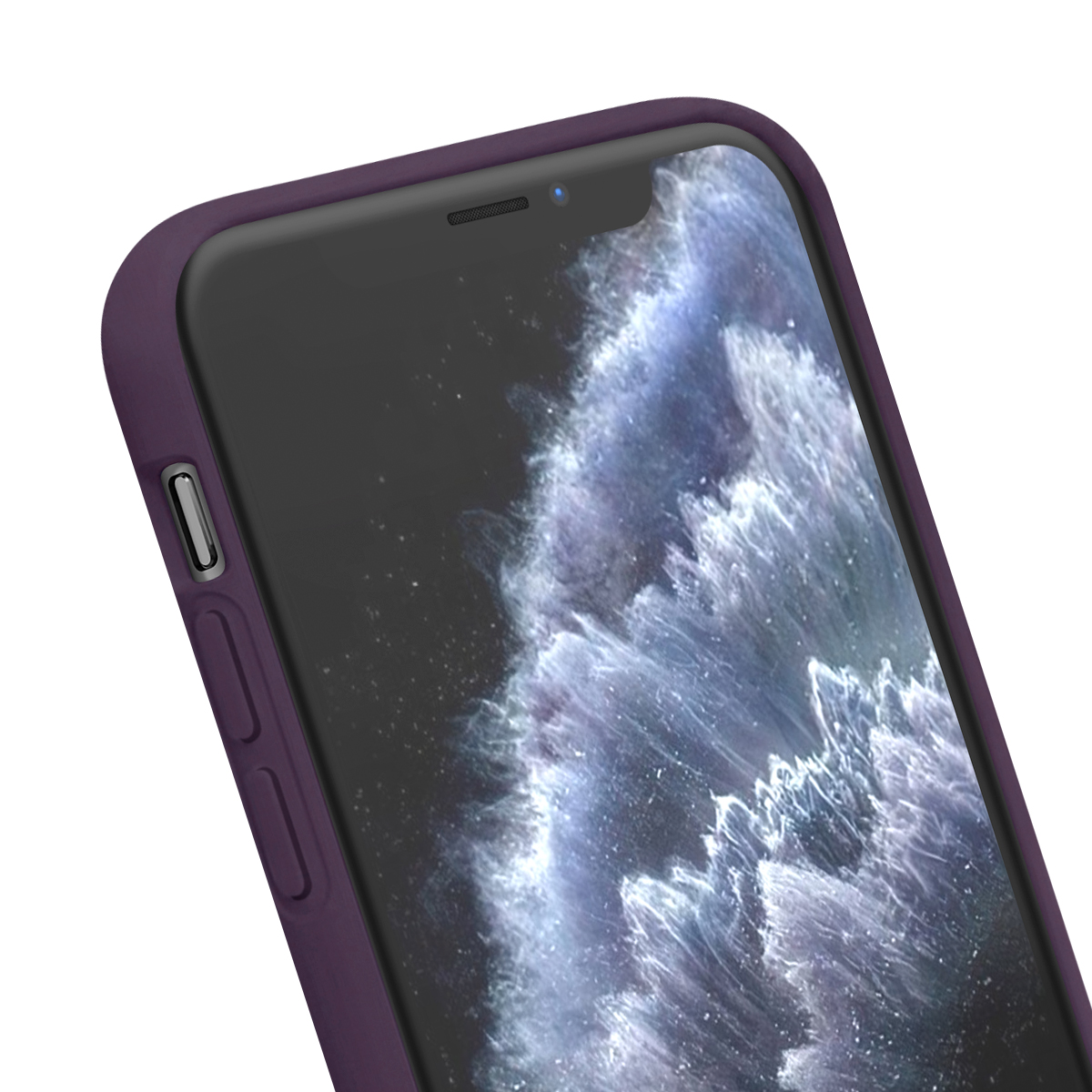 Uno smartphone con cover viola e uno sfondo con onde astratte.