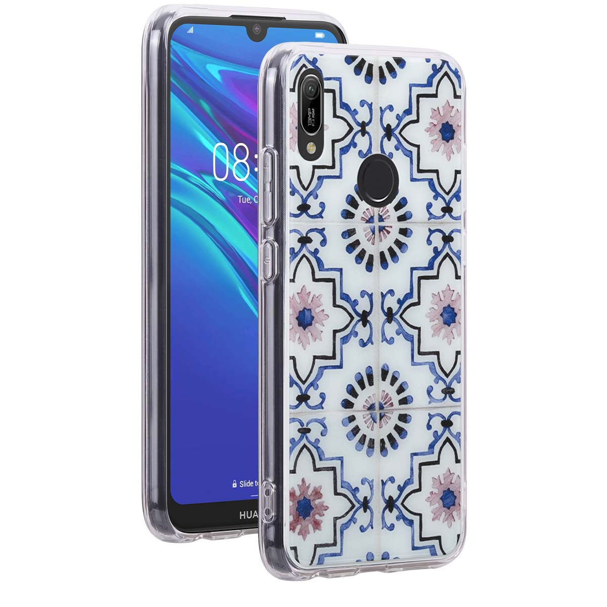 Transparente Handyhülle mit blau-weißer marokkanischer Kachelmuster-Rückseite auf einem Smartphone.