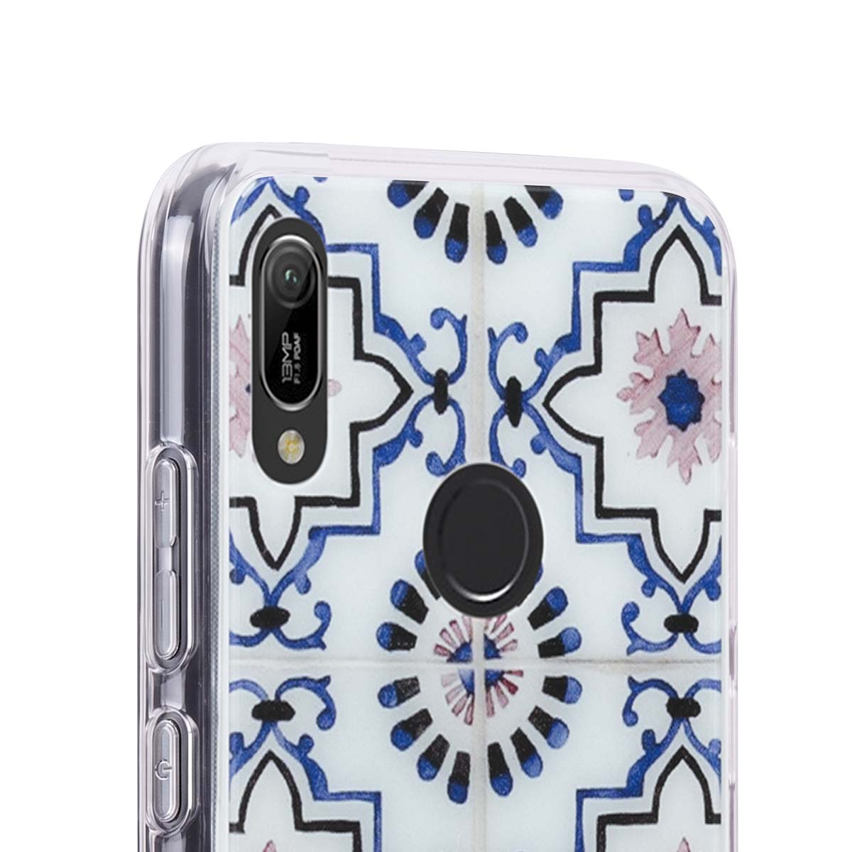 Smartphone mit einer durchsichtigen Hülle und einem blau-weißen Muster im portugiesischen Kachel-Stil auf der Rückseite.