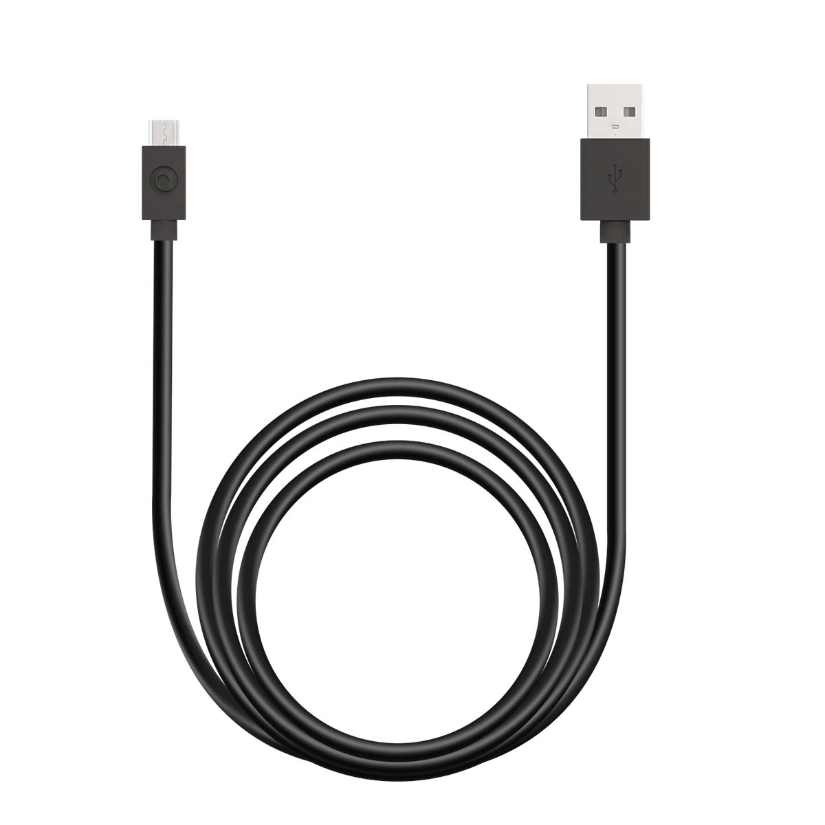 Un cavo USB nero arrotolato con un connettore micro-USB a sinistra e un connettore USB-A standard a destra.